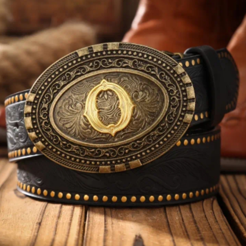 Western Tooled Belt w/ Gold Monogram Buckle | Cowboy Several Letters Available - Picture 14 of 16